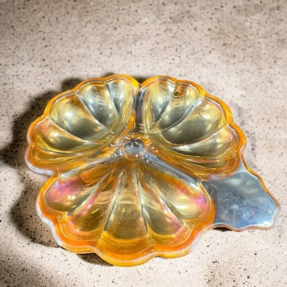 Vintage Carnival Glass Shamrock Dish‎ Divided Relish Iridescent Finish Tray Dish